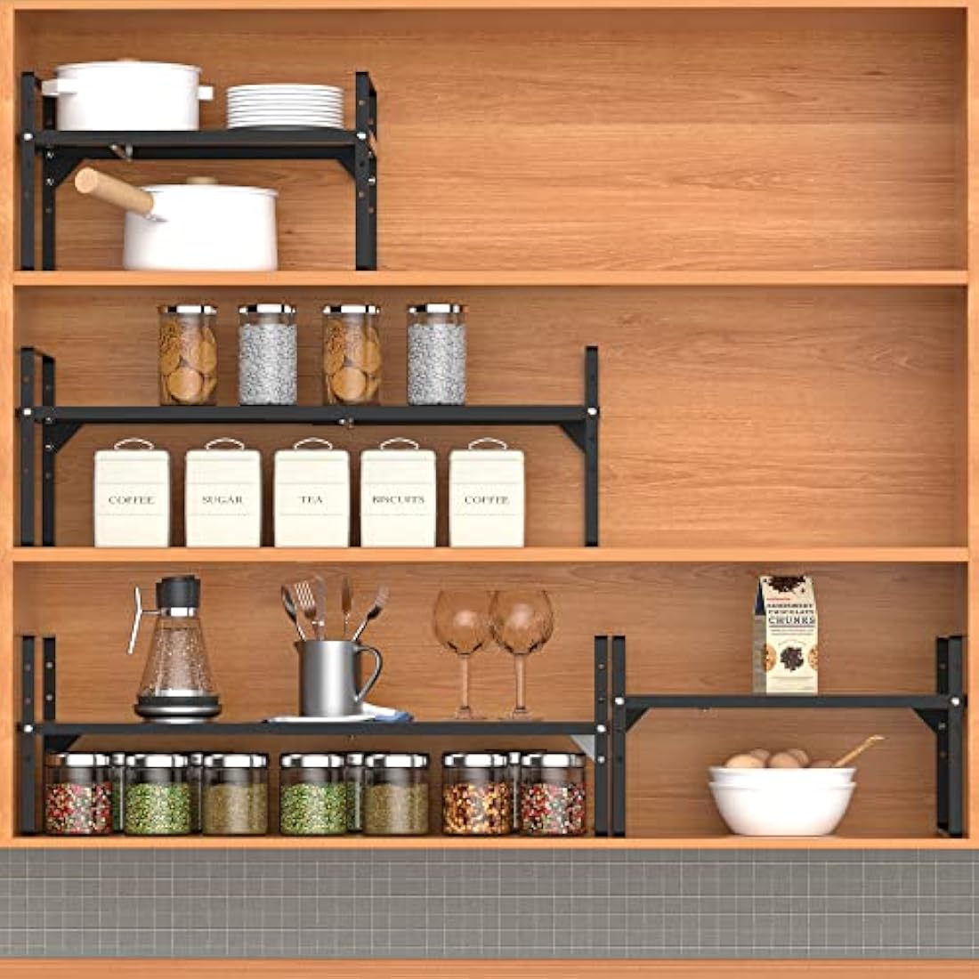 ARCCI Expandable & Stackable Metal Kitchen Cabinet Shelf Organizer – Black