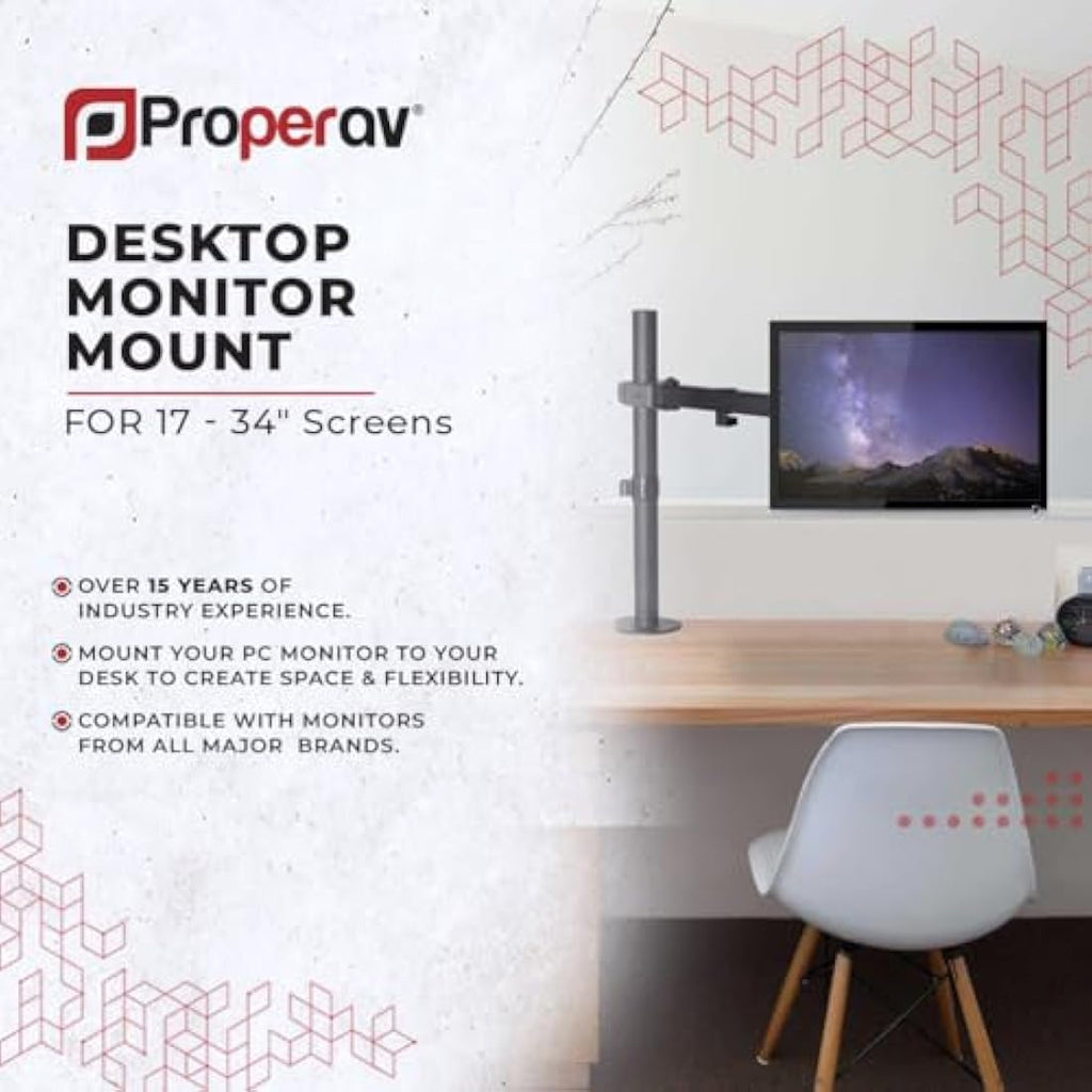 ProperAV Desk Monitor Mount – Adjustable Swing Arm for 17-34" Screens