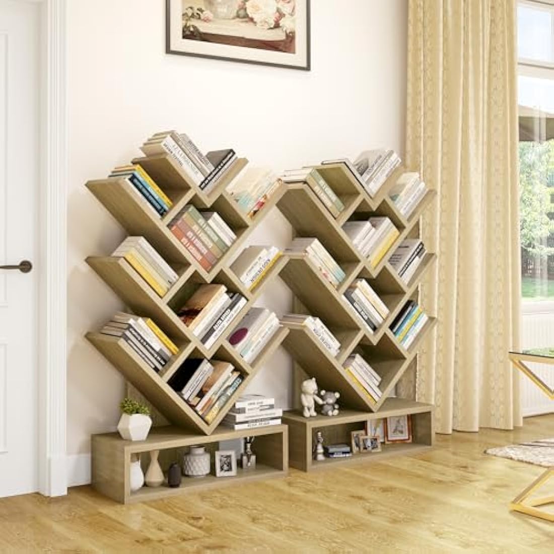 YITAHOME Tree Bookshelf – 8-Tier Floor Standing Bookcase with Drawer, Oak