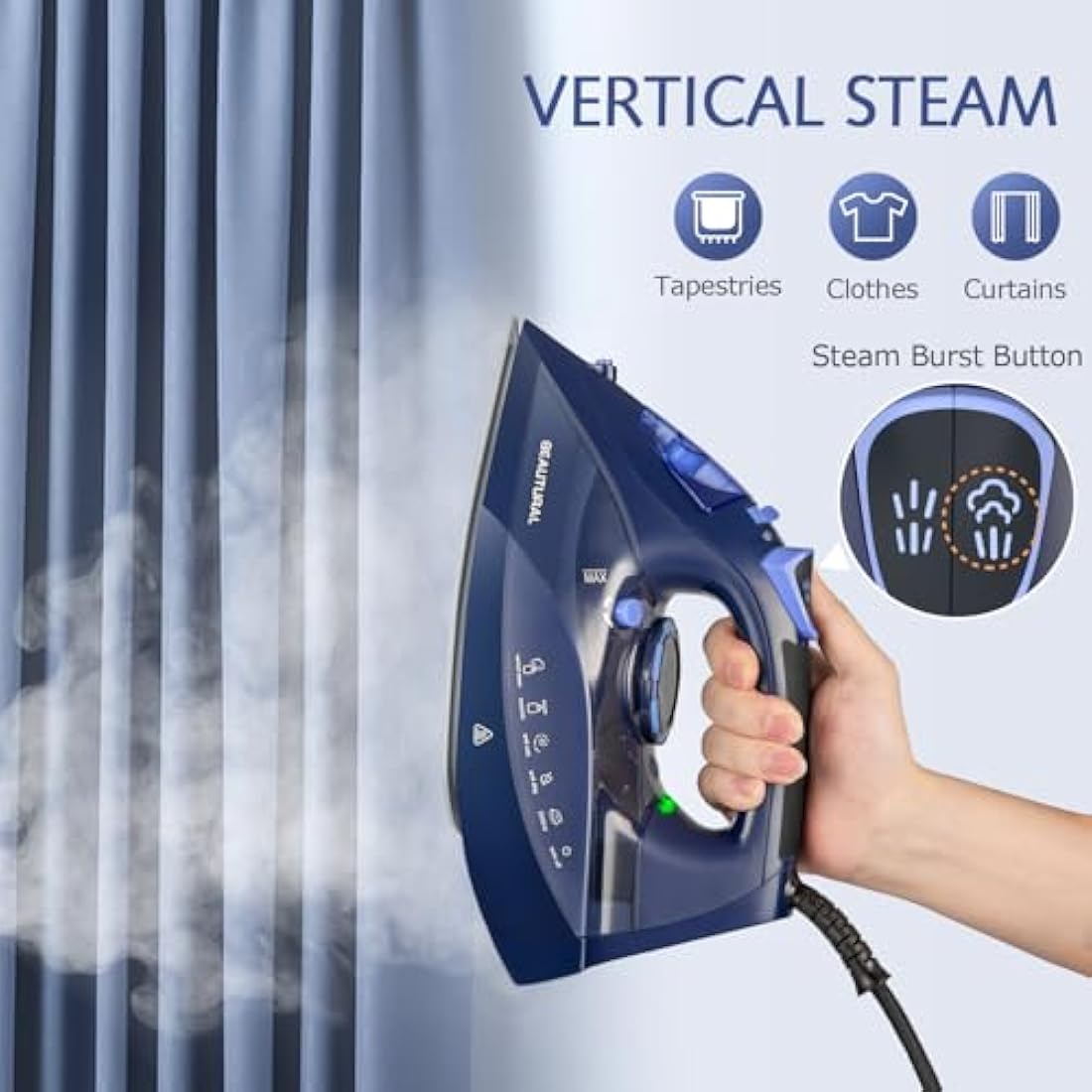 Beautural 2800W Steam Iron – Ceramic Soleplate & Auto-Off, Blue
