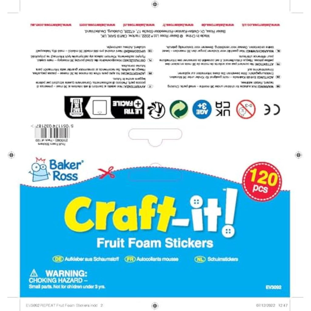 Baker Ross Fruit Foam Stickers for Kids Crafts - 120 Pack Art Supplies
