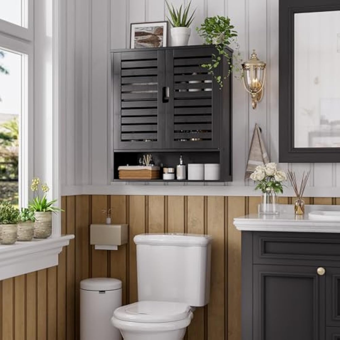 SMIBUY Bamboo Wall Mounted Bathroom Cabinet | 2-Door Storage Organizer - Black