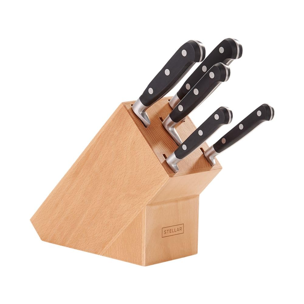 Stellar 5-Piece Stainless Steel Knife Set with Beechwood Block