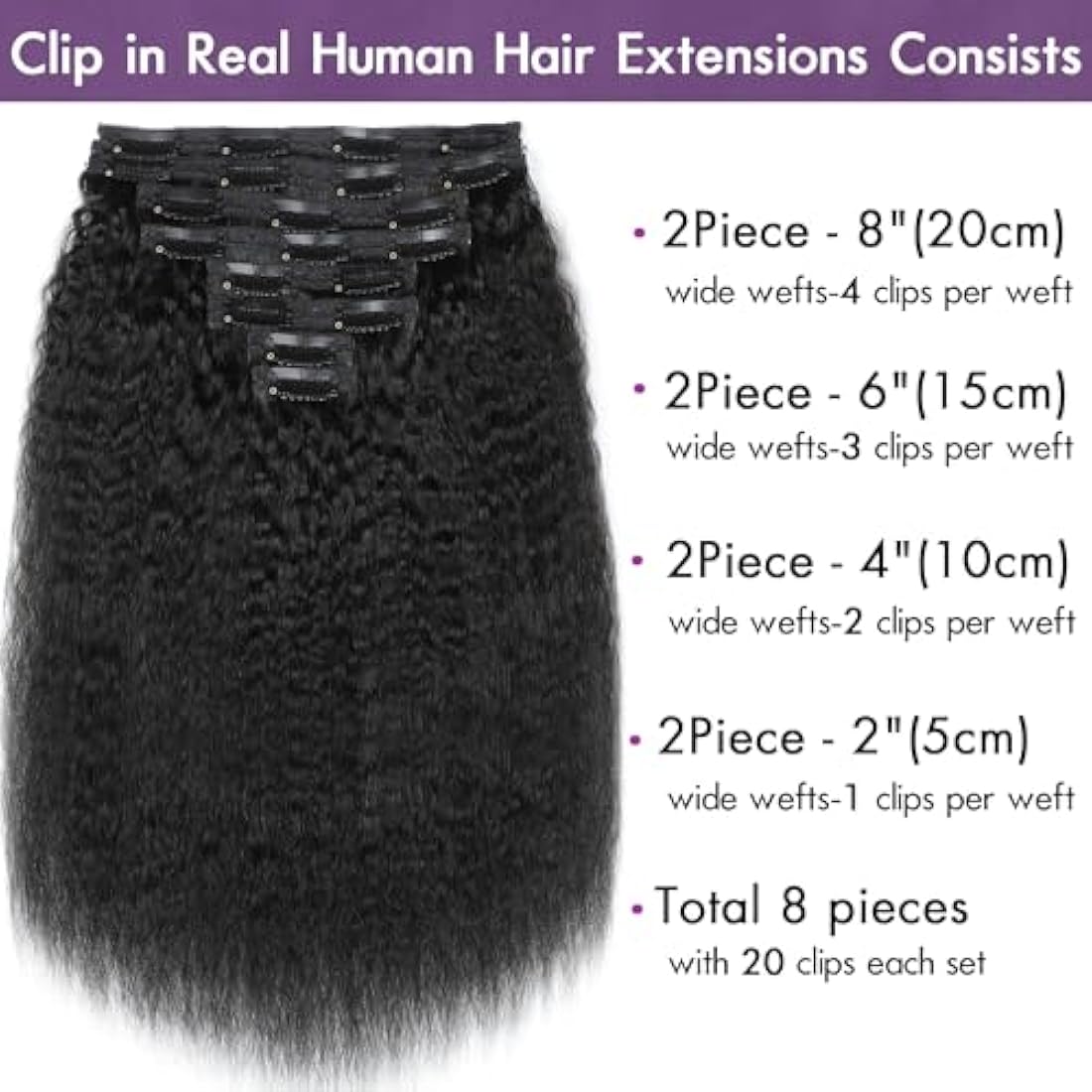 Kinky Straight Clip-in Human Hair Extensions - 14 Inch