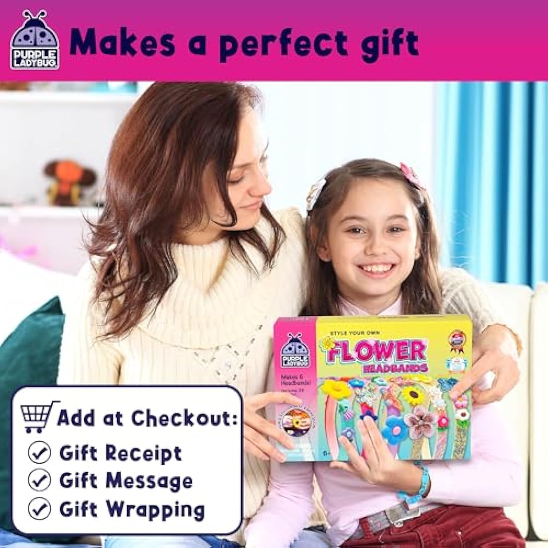 Purple Ladybug DIY Flower Headband Kit - 6pc Kids Craft Set for Girls