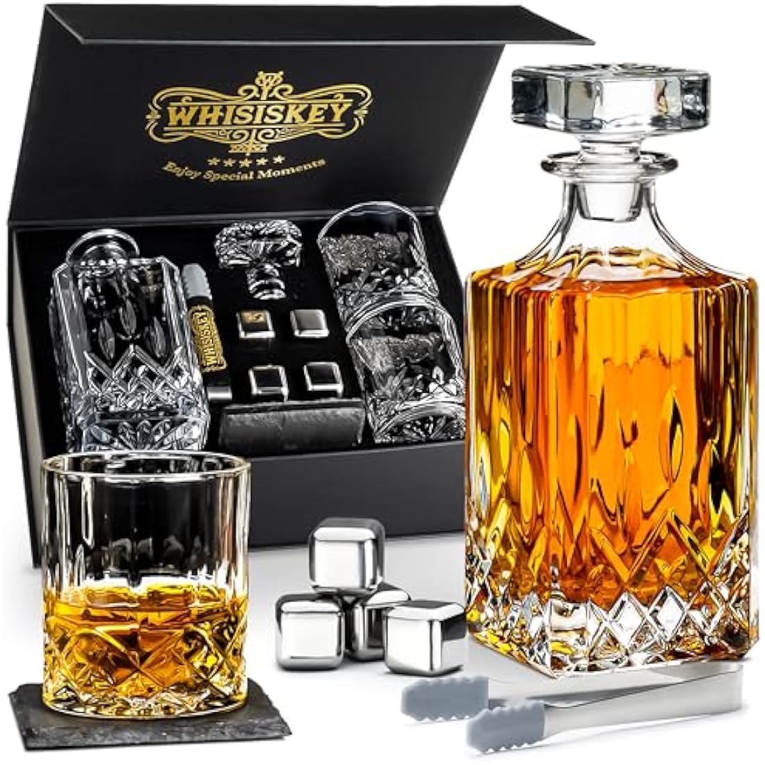Whisiskey 700ml Whiskey Decanter Set with 2 Glasses and 4 Stones