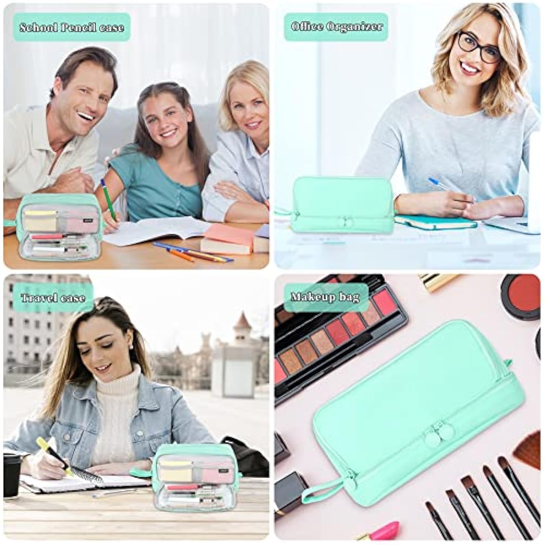 Tesmien Large Pencil Case | 4-Compartment Canvas Stationery Bag, Green