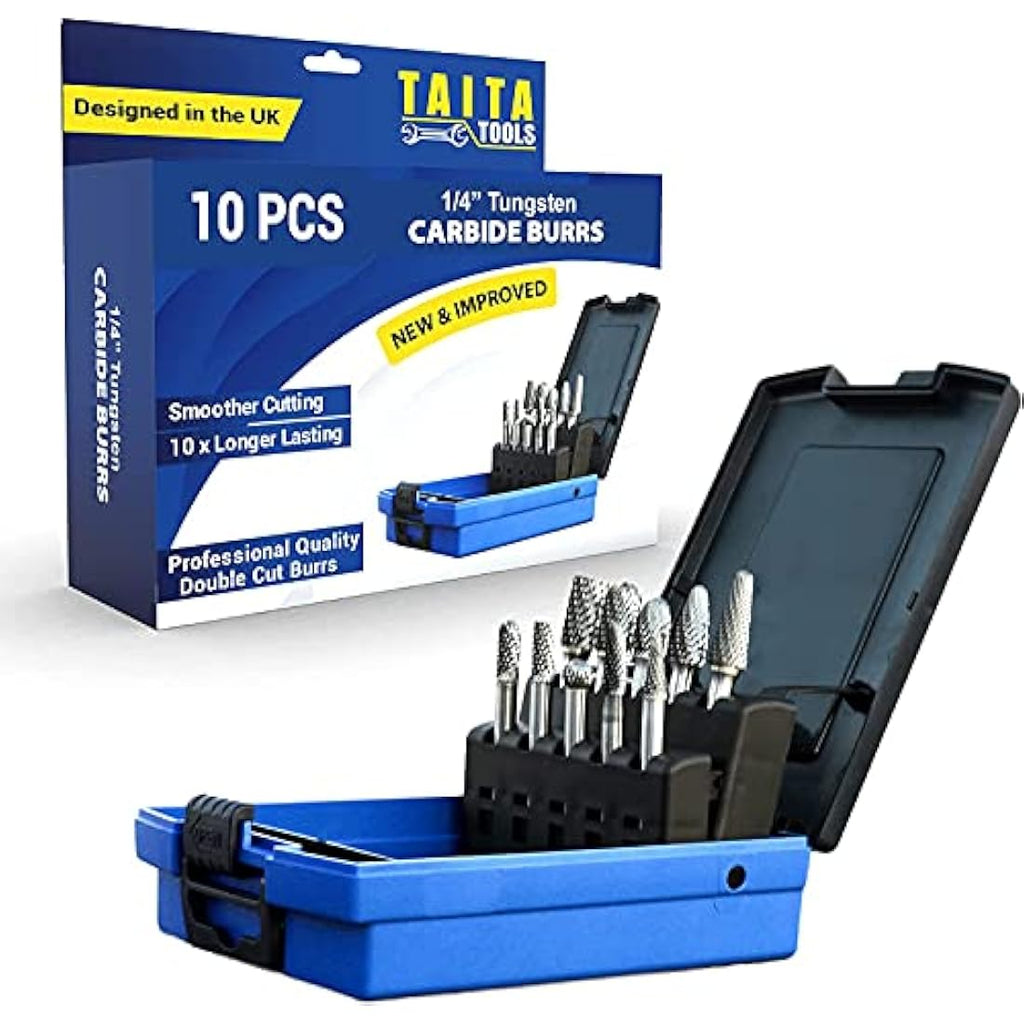 TaitaTools 10pc Carbide Burr Set | 1/4" Shank Double Cut Tungsten Rotary Bits