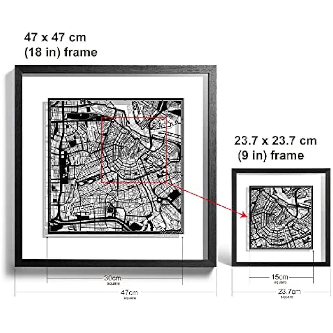 O3 Design Studio Amsterdam Paper Map Art - Black Frame, 9x9 Inches