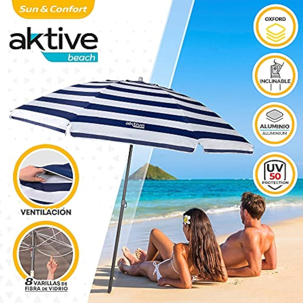 Aktive Beach Umbrella 220cm – Windproof UV50 Marine Stripe Shade
