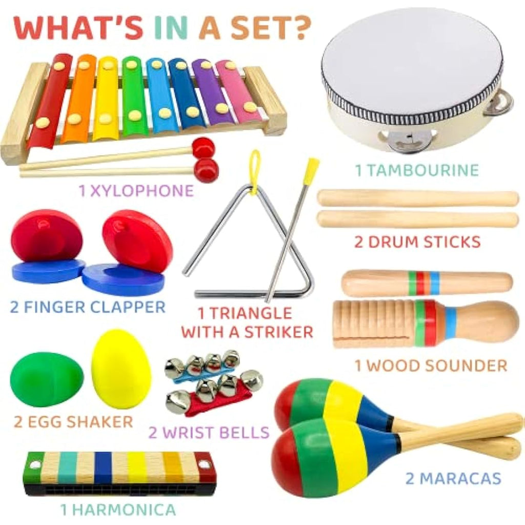 Stoie's Wooden Kids Musical Instruments Set - 15pc Toddler Percussion Toys