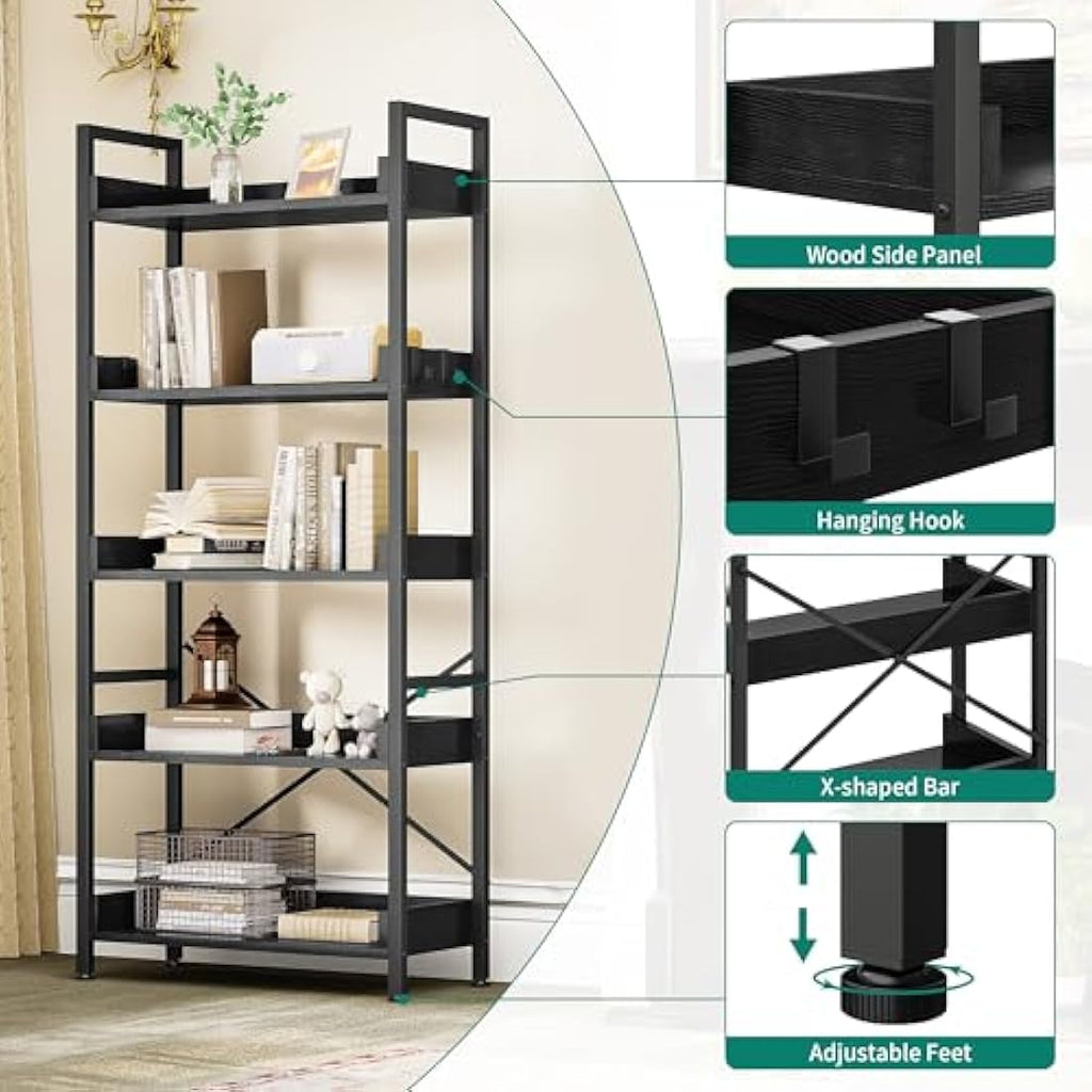 YITAHOME 5-Tier Industrial Bookshelf | Rustic Wood and Metal Storage Rack
