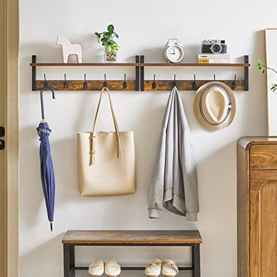 YMYNY Wall Mounted Coat Rack Set of 2 – Rustic Brown Floating Shelf Hooks