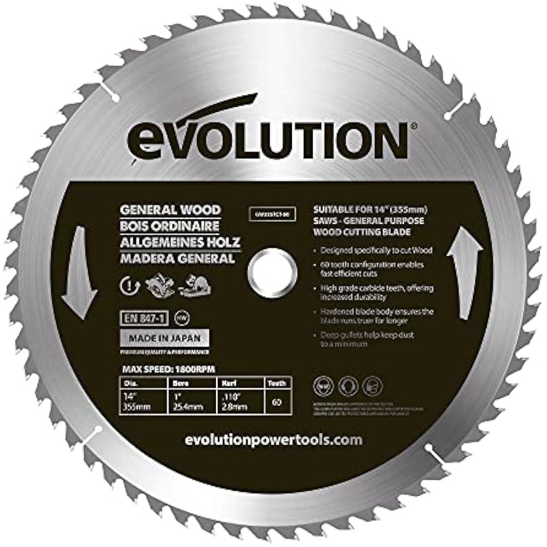 Evolution 355mm 60T TCT Wood Cutting Blade for Chop Saws