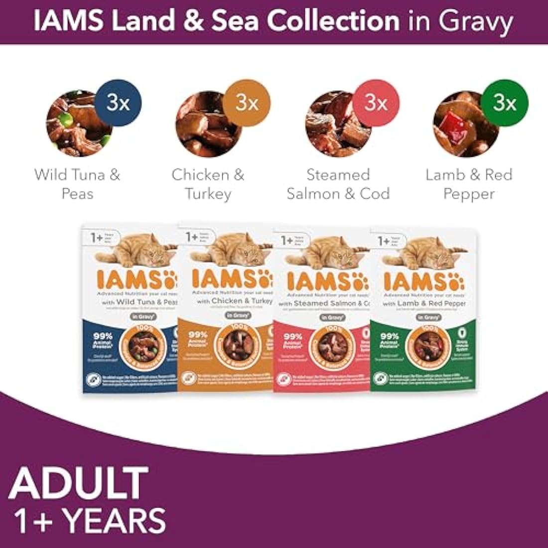 IAMS Adult Wet Cat Food Land & Sea in Gravy - 12 x 85g Multipack
