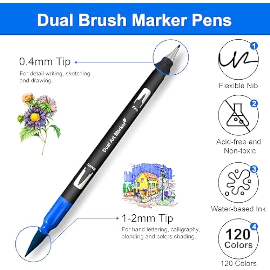 Halobios 120 Dual Tip Brush Pens | Felt Tip Markers for Adult Colouring
