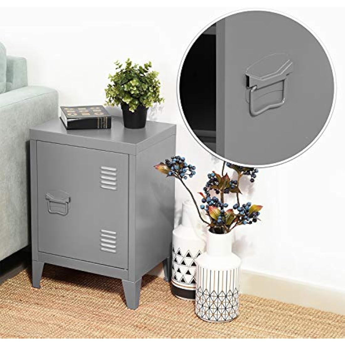 Homybec Small Metal Cabinet | 2-Tier Industrial Bedside Nightstand - Grey