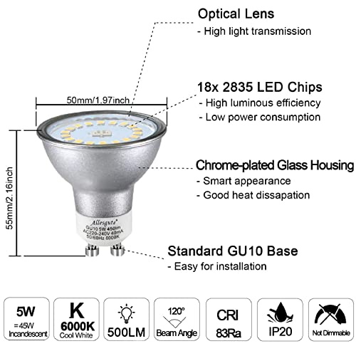 Allesgute 6-Pack LED Recessed Ceiling Lights | 5W GU10 Matte White Downlights