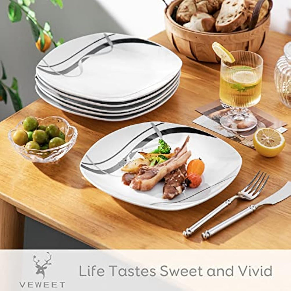 VEWEET Fiona 6-Piece Porcelain Dinner Plate Set | Square Ivory White