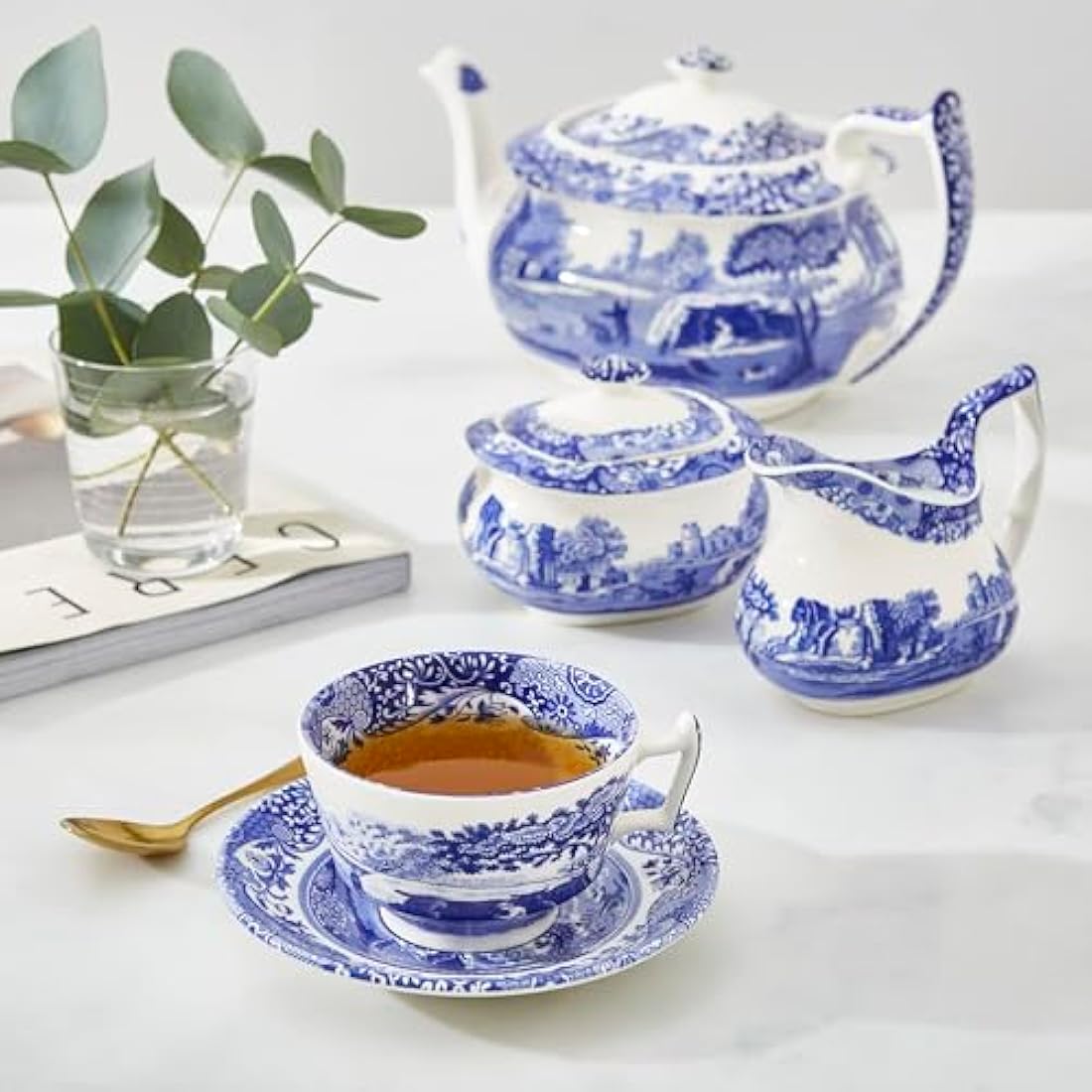 Spode Blue Italian Teacup and Saucer Set – 7oz Ceramic Fine China, 4pc