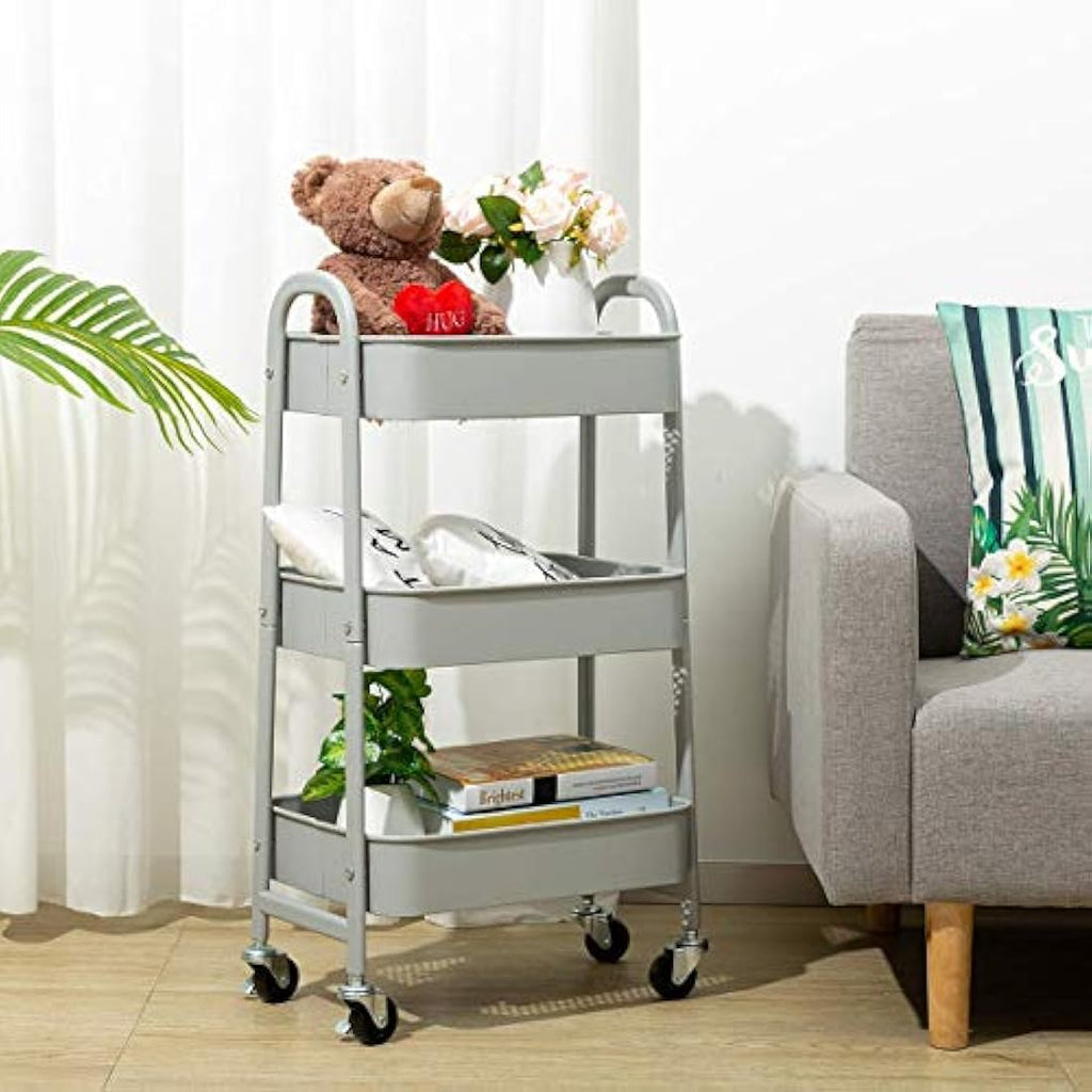DOEWORKS 3-Tier Metal Rolling Storage Trolley - Slim Utility Cart, Grey