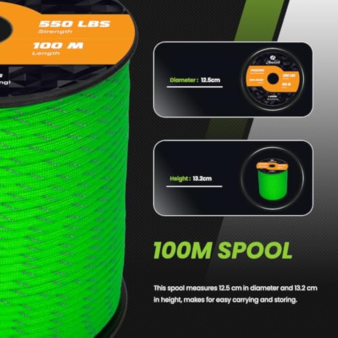Abma Cord 550 Paracord – 100m Nylon Type III Rope, Reflective Green