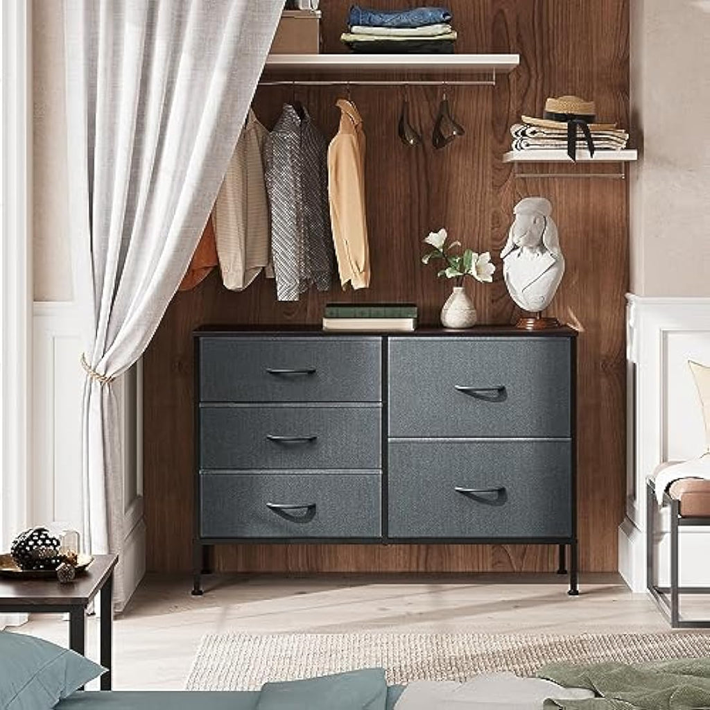 WLIVE 5-Drawer Fabric Dresser | Sturdy Steel Storage Chest, Black Walnut