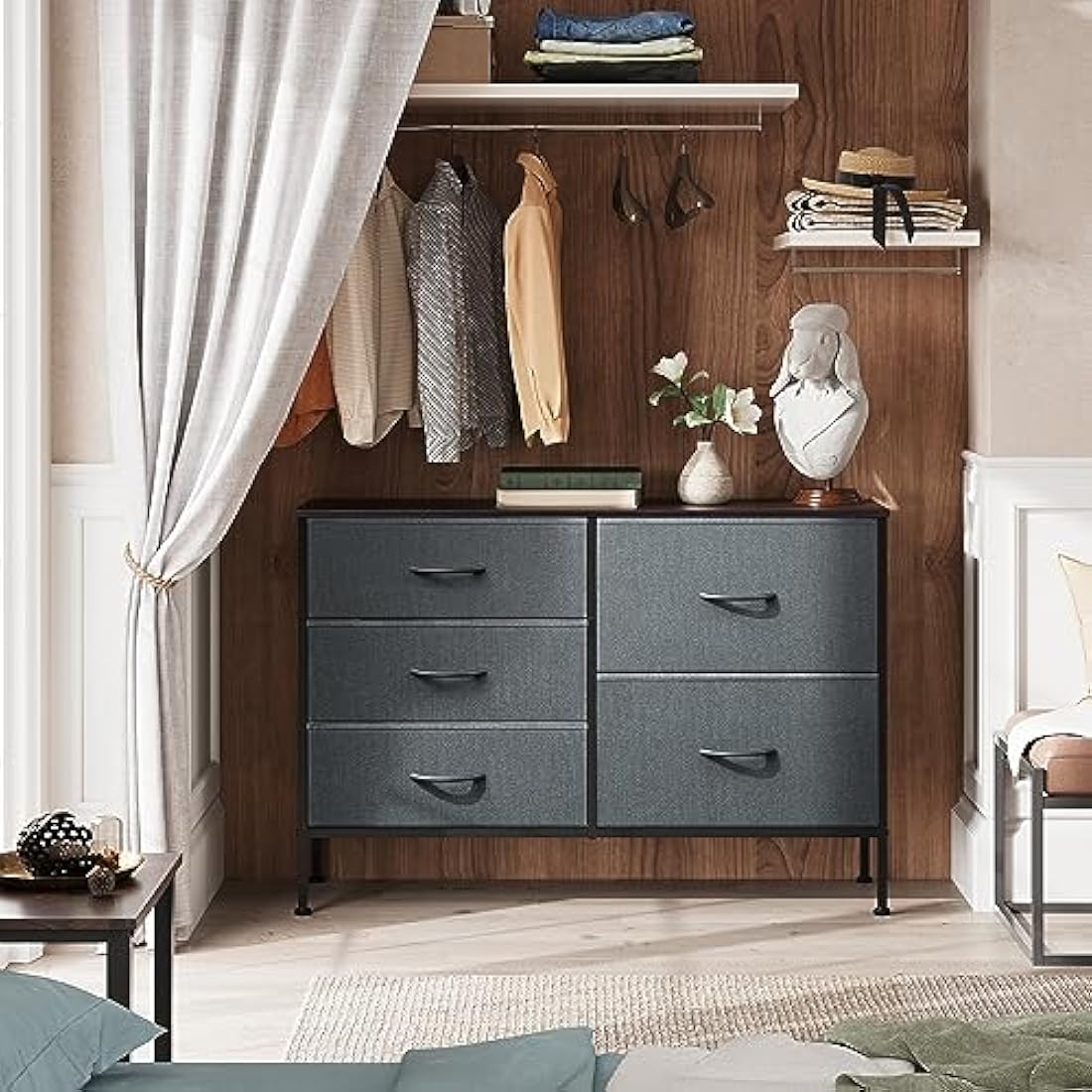 WLIVE 5-Drawer Fabric Dresser | Sturdy Steel Storage Chest, Black Walnut