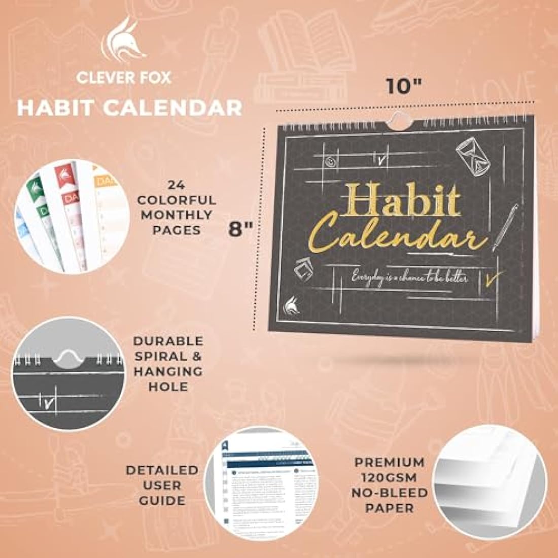 Clever Fox Habit Calendar – 24-Month Goal Planner & Tracker, Black