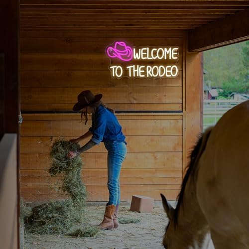 Ineonlife Welcome To The Rodeo Neon Sign | Pink Cowboy Hat LED Wall Decor