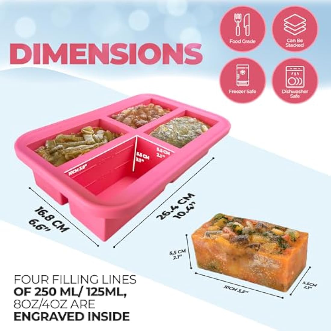 Ozwen Silicone Soup Freezer Tray with Lid - 1-Cup Meal Prep Moulds, 2-Pack