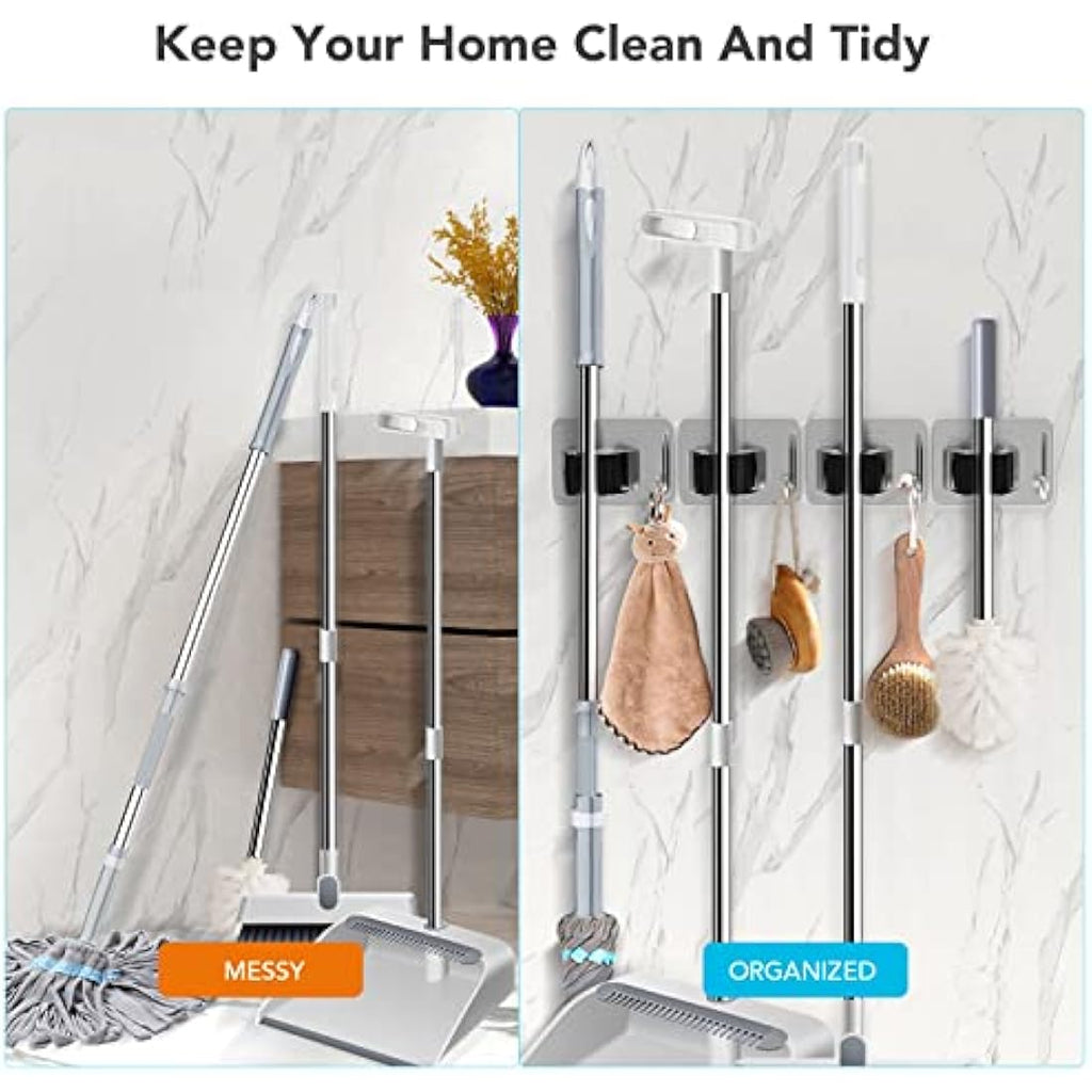 Homeasy Mop and Broom Holder | 4 Pcs Stainless Steel Wall Mount Hanger