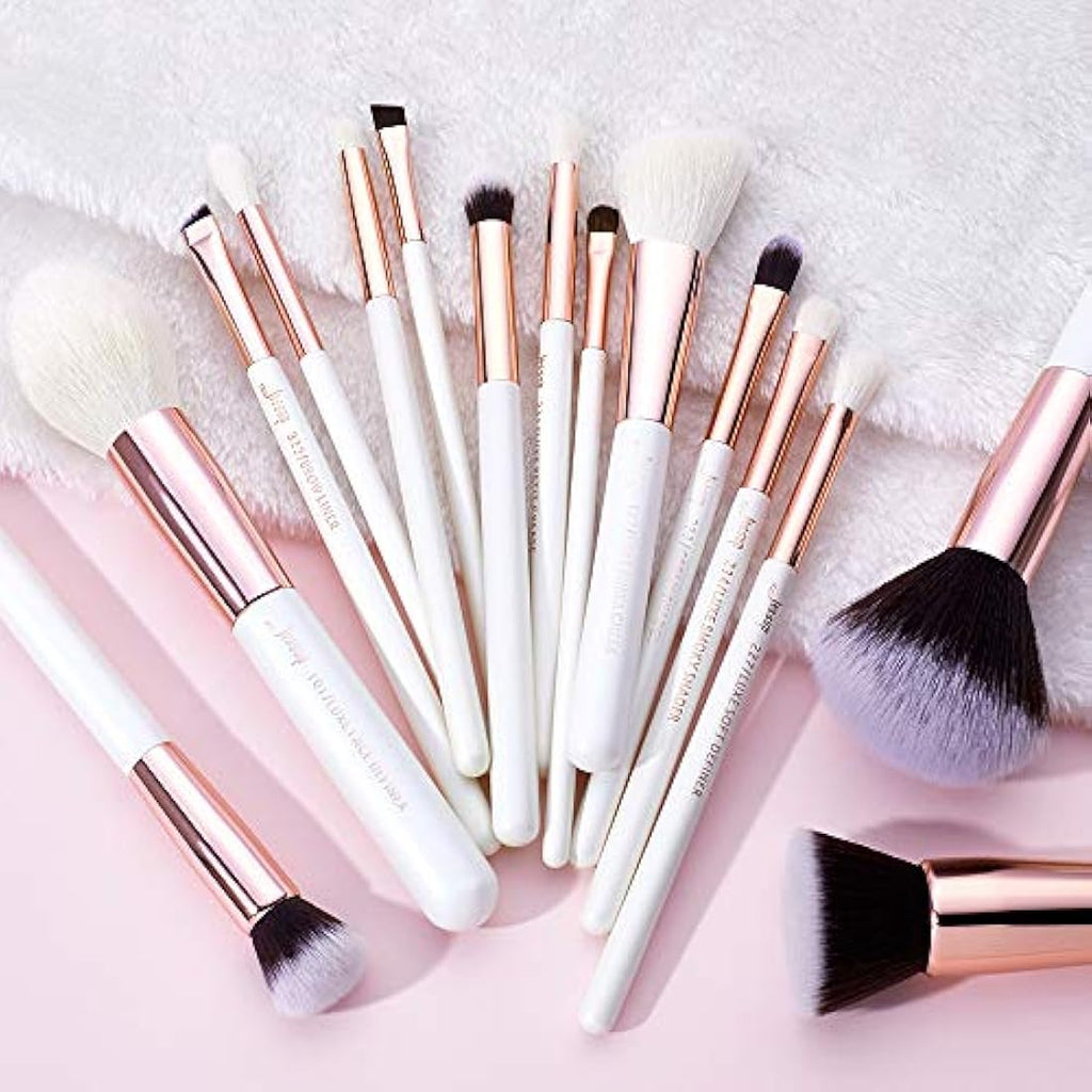 Jessup 15Pcs Professional Makeup Brushes Set | Pearl White & Rose Gold