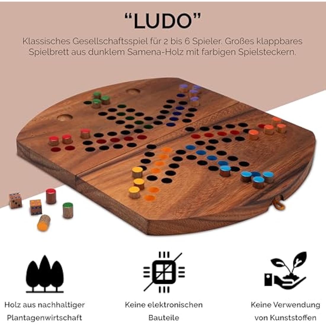 Jolof Store Ludo für 6 Spieler – Klappbares Brettspiel aus Holz