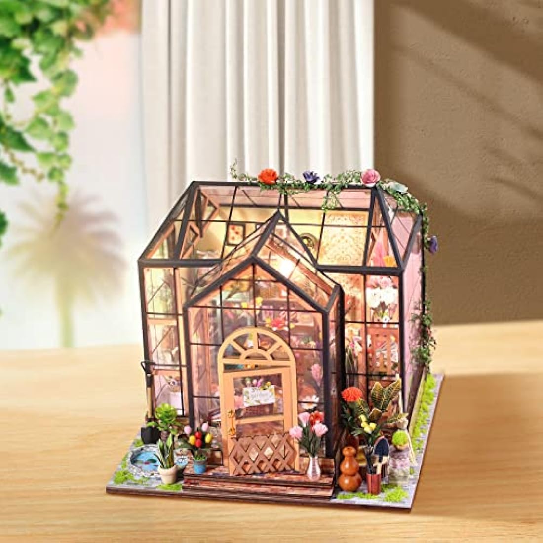 Cuteefun DIY Miniature Greenhouse Kit - 1:24 Scale Wood Dollhouse with LED