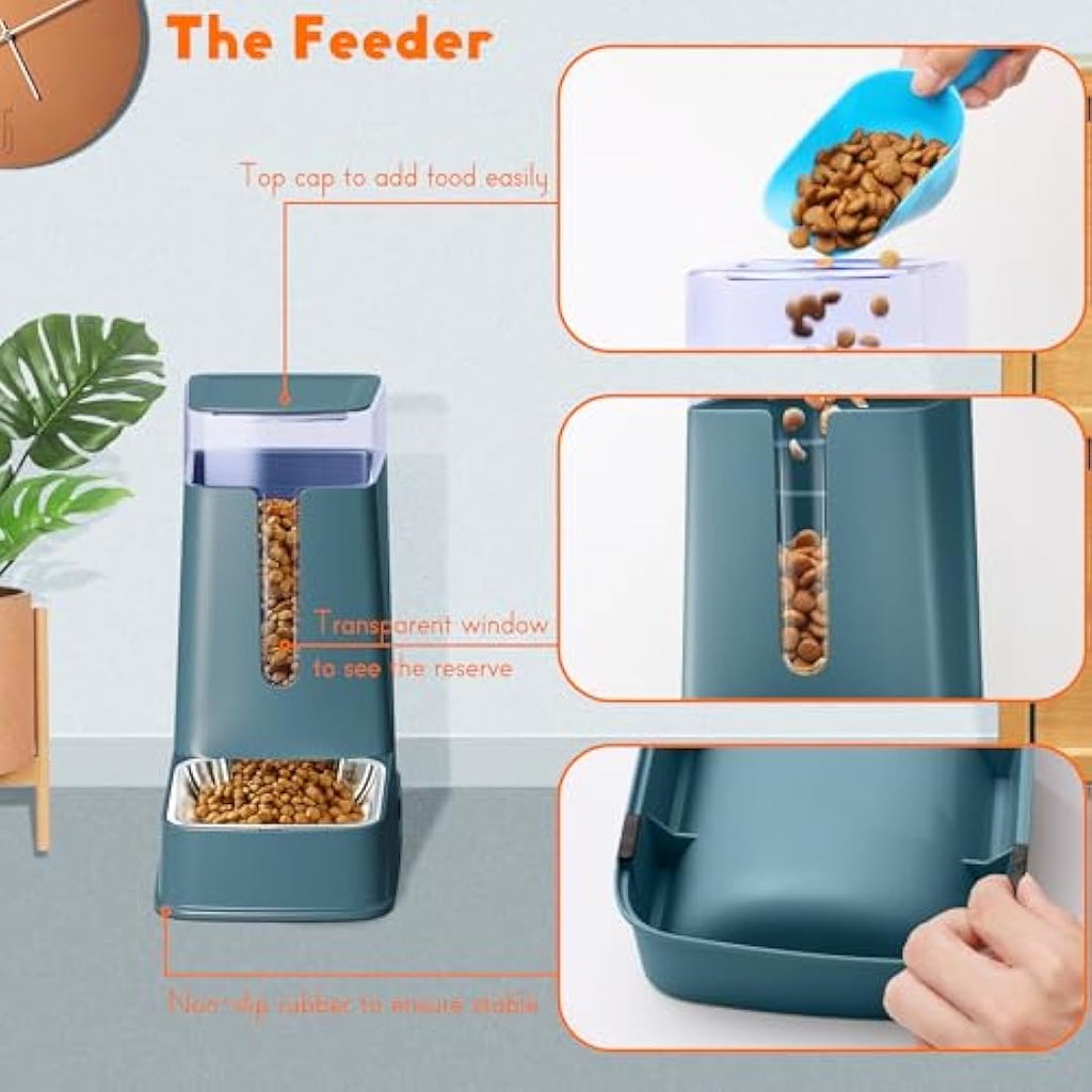 Automatic Cat Feeder and Water Dispenser Set, Stainless Steel