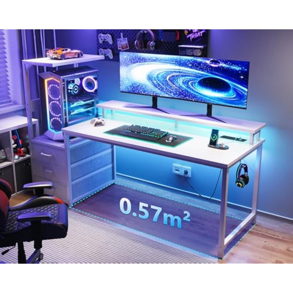 Coleshome Gaming Desk with LED Lights, Power Outlet & Drawers - White