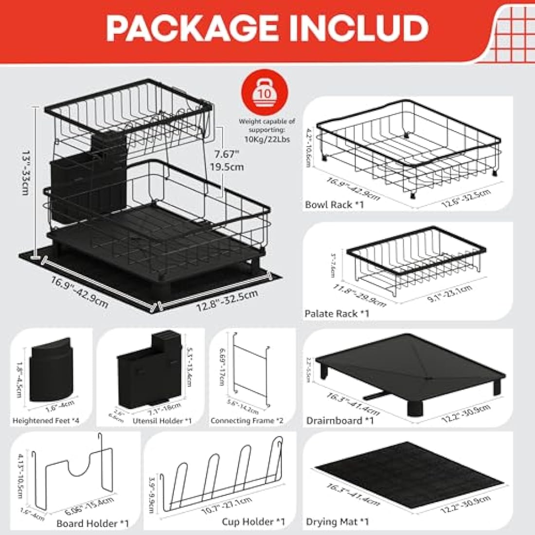 RebelEver 2-Tier Dish Drying Rack – Rustproof Carbon Steel Sink Drainer