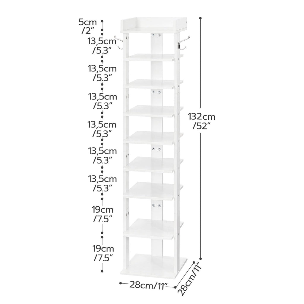 HOOBRO 9-Tier Narrow Shoe Rack | Tall Wooden Vertical Storage with Hooks