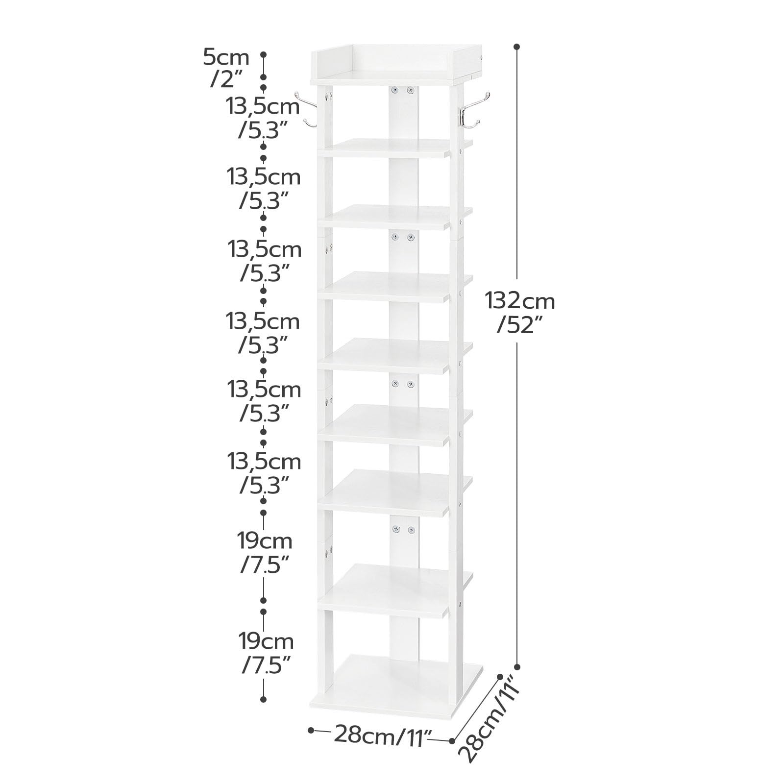 HOOBRO 9-Tier Narrow Shoe Rack | Tall Wooden Vertical Storage with Hooks