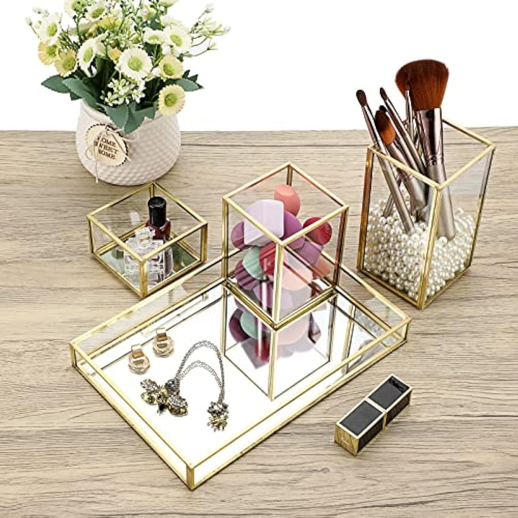 Jolof Store Gold Glass Makeup Organizer – Stackable Brush Holder & Tray
