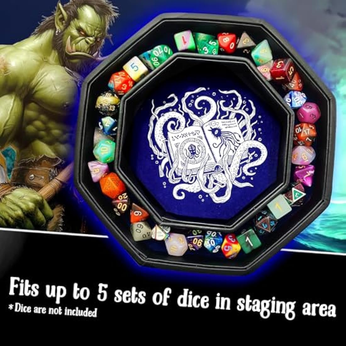 Cthulhu Tome Octagon Dice Tray with Lid – Blue Vegan Leather