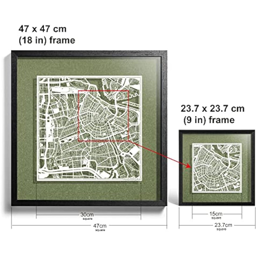 O3 Design Studio Amsterdam Paper Map Art – 9x9 Black Frame Wall Decor