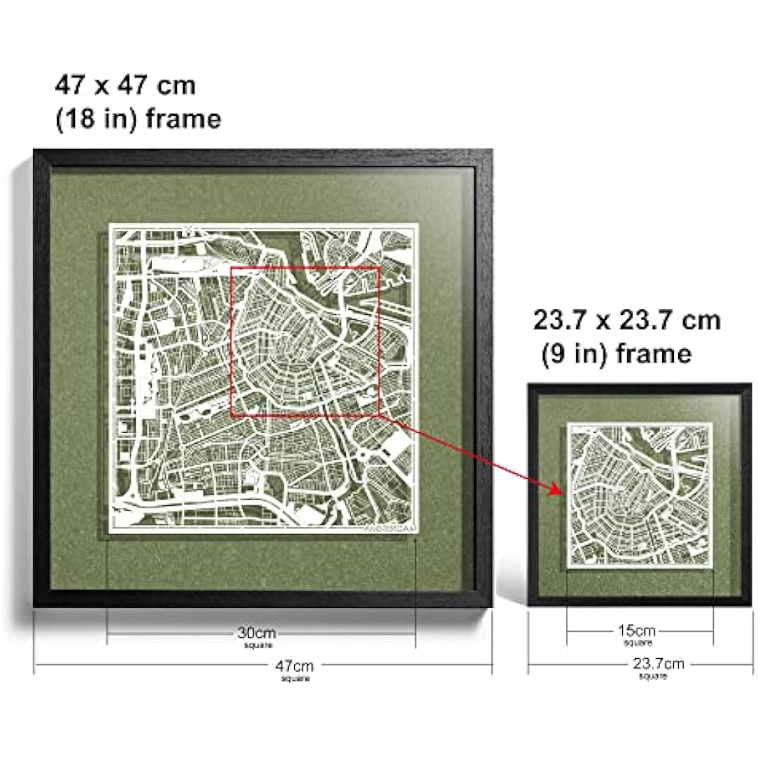 O3 Design Studio Amsterdam Paper Map Art – 9x9 Black Frame Wall Decor