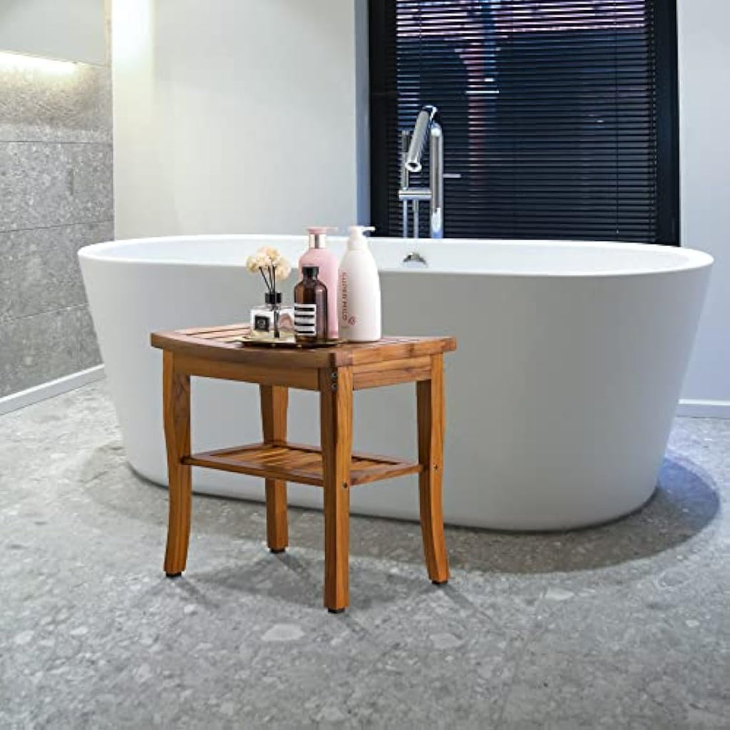 VaeFae Teak Shower Bench – Waterproof Wooden Spa Stool with Shelf