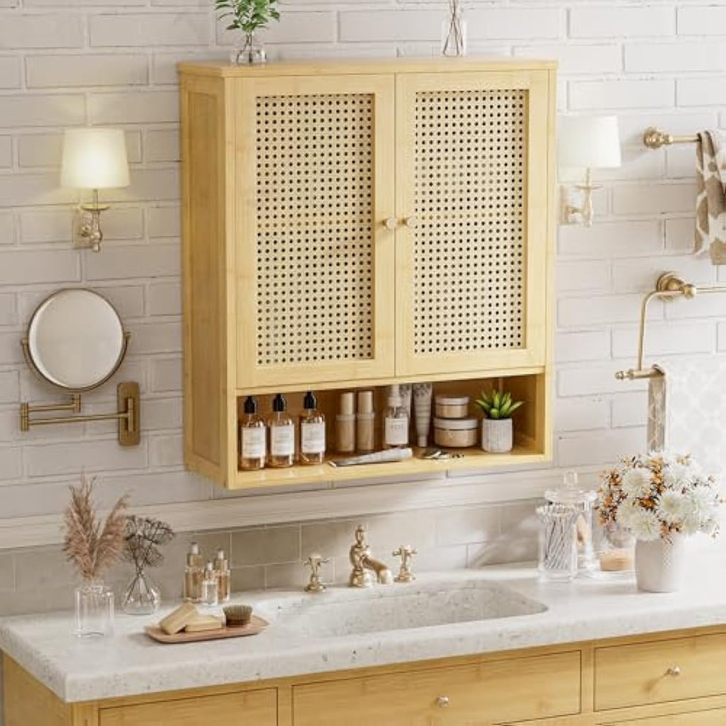 vovala Bamboo Bathroom Wall Cabinet | Rattan Over-The-Toilet Storage