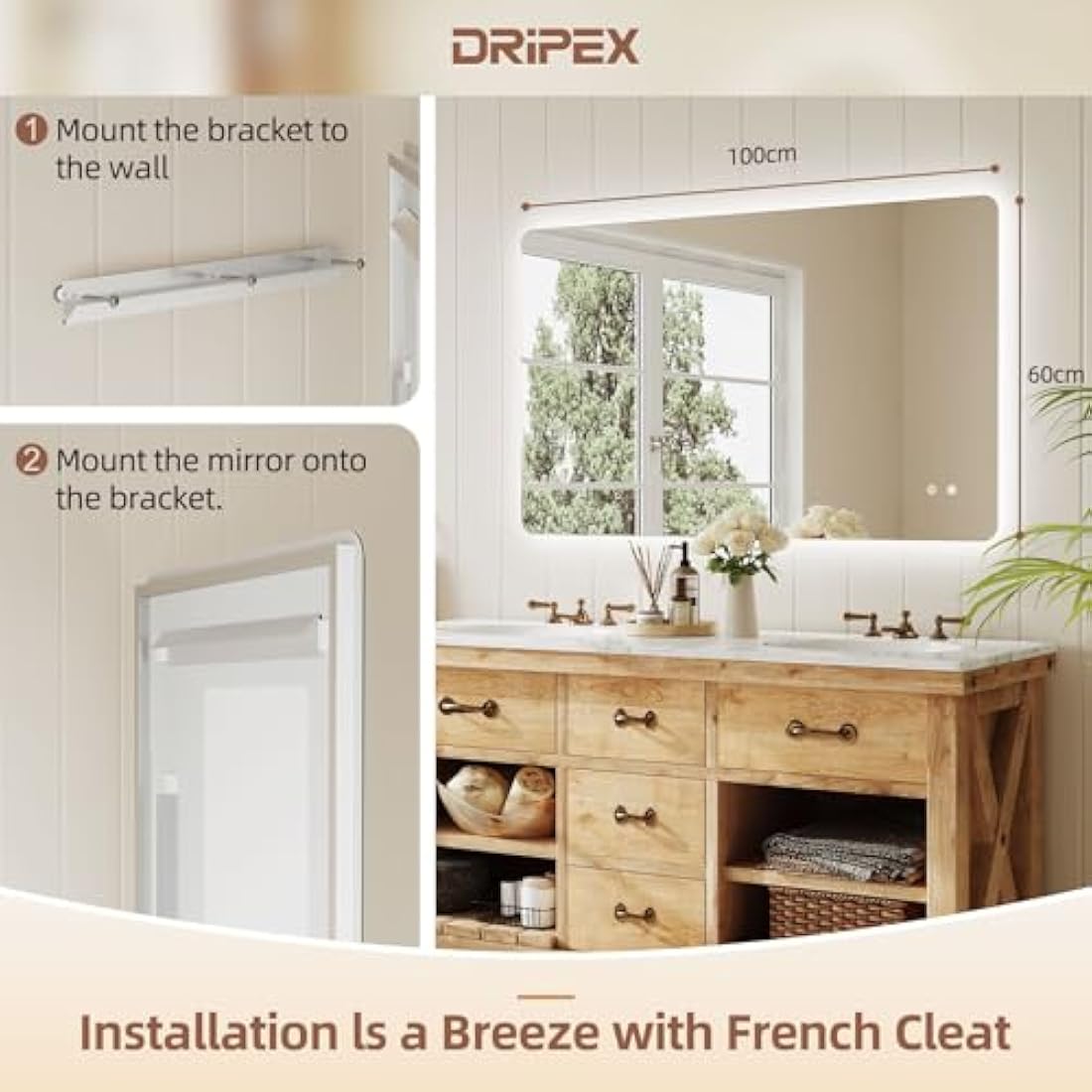 Dripex LED Bathroom Mirror | 60x100cm Backlit Anti-Fog Dimmable Mirror