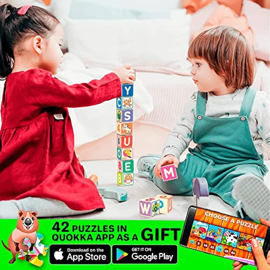 QUOKKA Wooden Alphabet & Number Building Blocks - Educational Toddler Toy