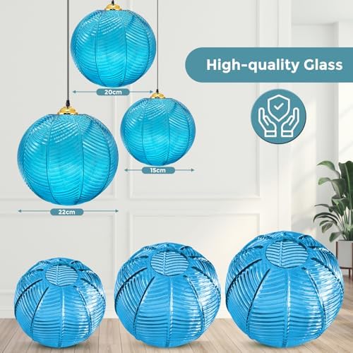 3-Light Blue Ribbed Glass Pendant Light | Modern Globe Chandelier