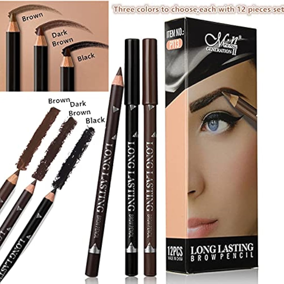 Go Ho 12-Piece Dark Brown Eyebrow and Eyeliner Pencil Set | Waterproof